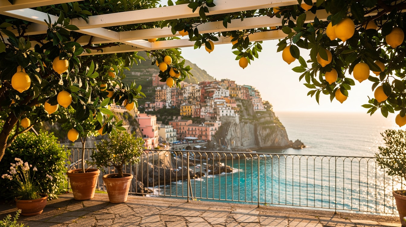Beautiful lemon grove terrace overlooking the Amalfi Coast Mediterranean with bright yellow lemons