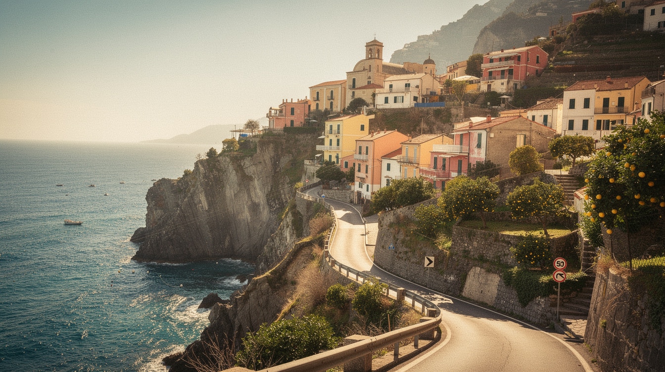 Dramatic winding coastal road along the Amalfi Coast Italy with steep cliffs above Mediterranean Sea