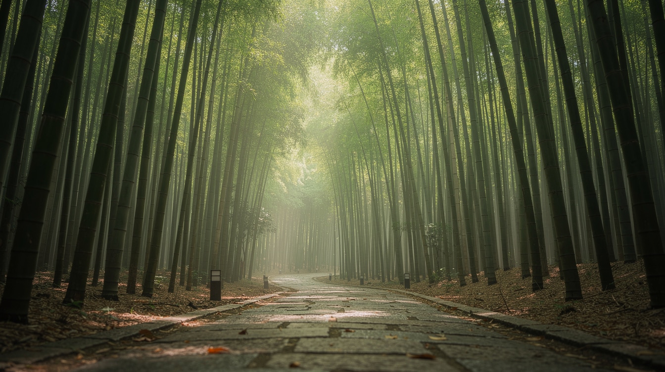 Towering bamboo forest in Arashiyama Kyoto Japan with soft green filtered light