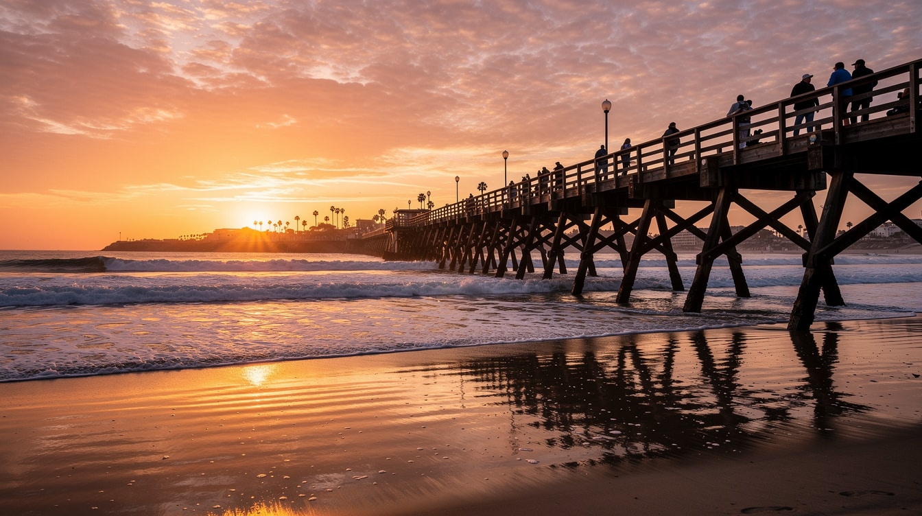 Balboa Pier at sunset in Newport Beach California with golden light on wet sand