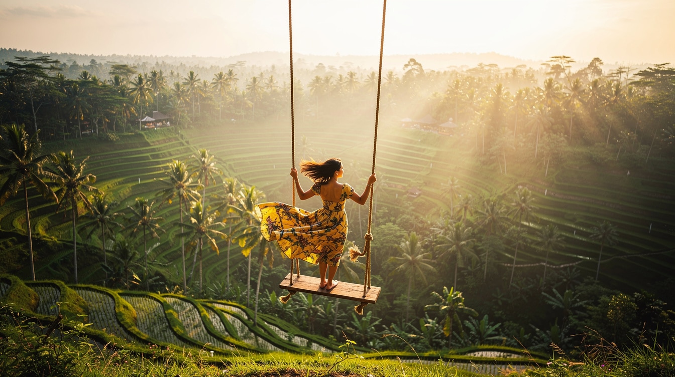Woman on swing high above Bali jungle and rice terraces in Ubud with morning light