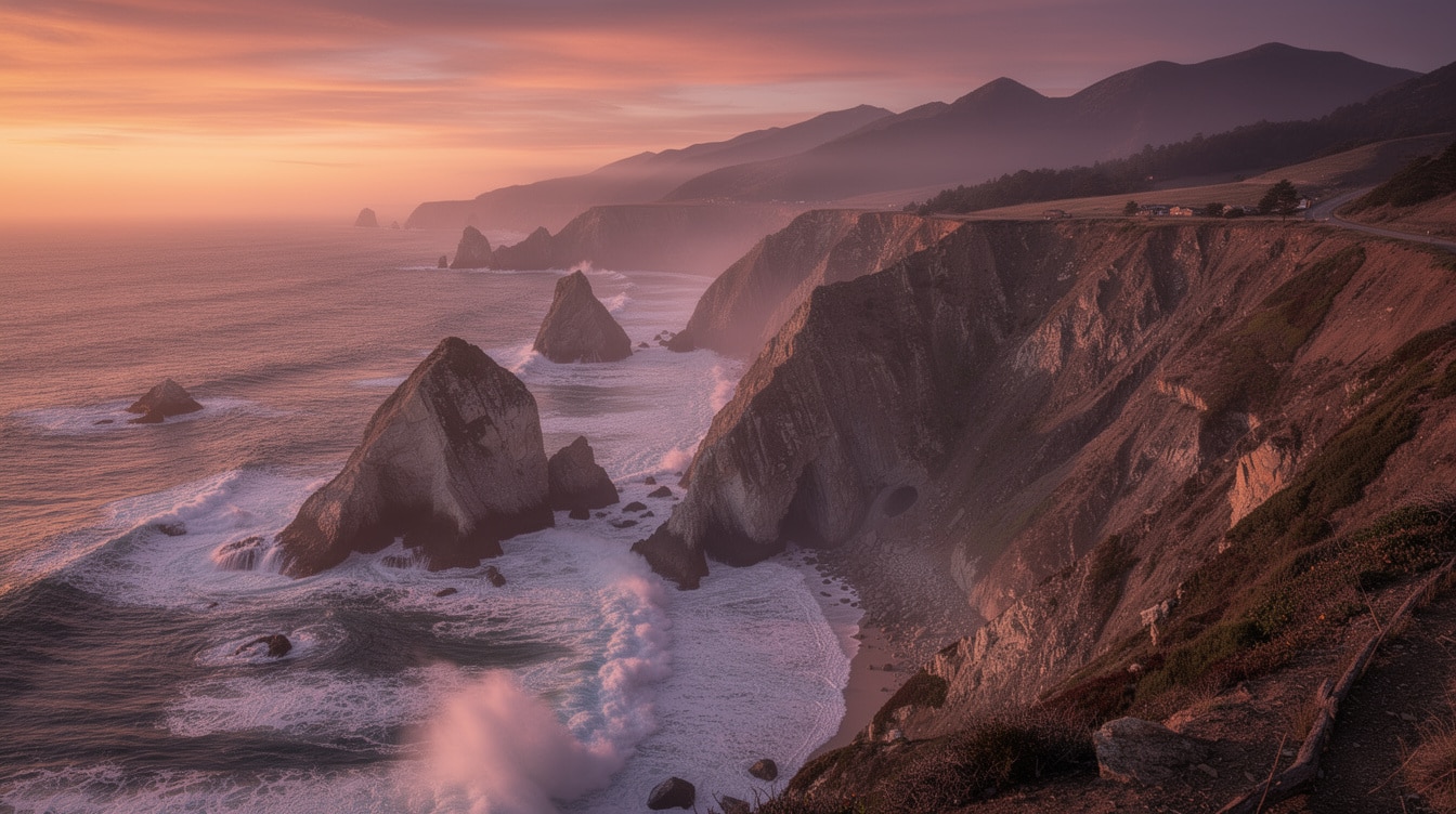 Big Sur California coastline at sunset with dramatic rocky cliffs and waves crashing against shore