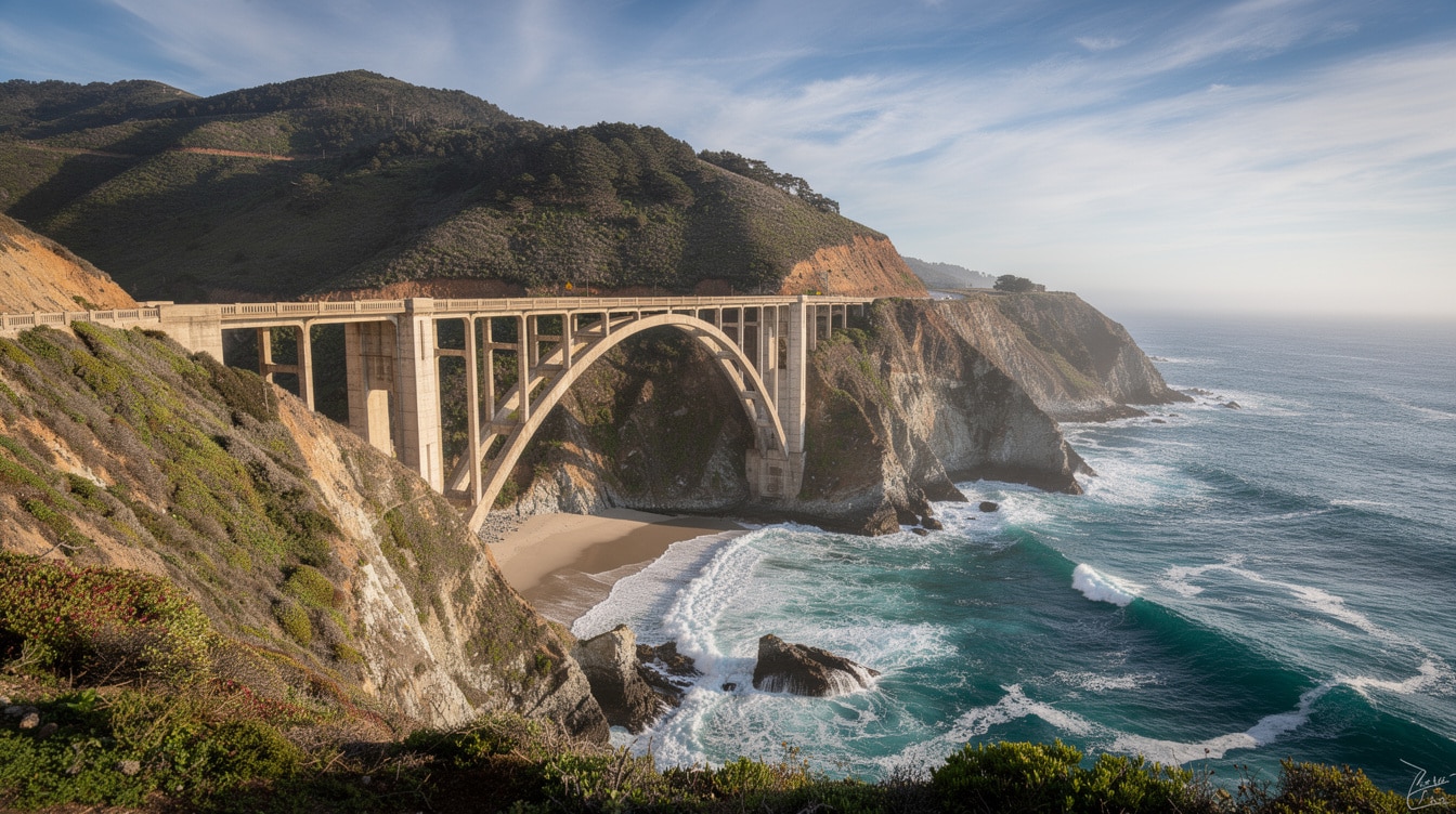 Iconic Bixby Creek Bridge spanning a deep canyon on Highway 1 in Big Sur California with ocean views