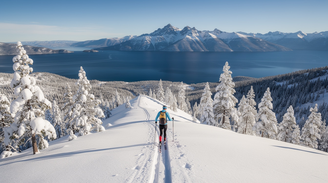 Cross-country skier on snowy ridge trail overlooking Lake Tahoe with snow-covered pine trees and mountain peaks