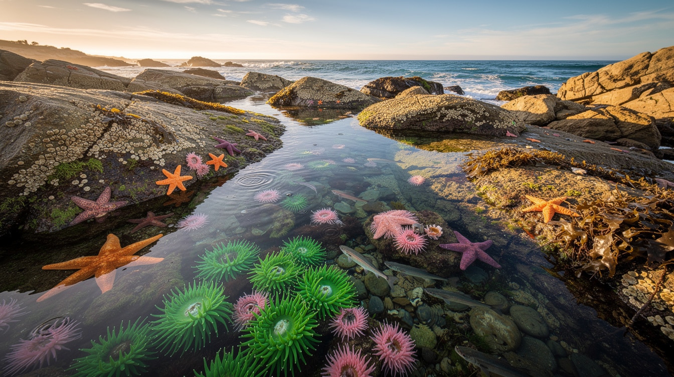 Colorful tide pools at Crystal Cove State Park near Newport Beach with sea anemones and starfish