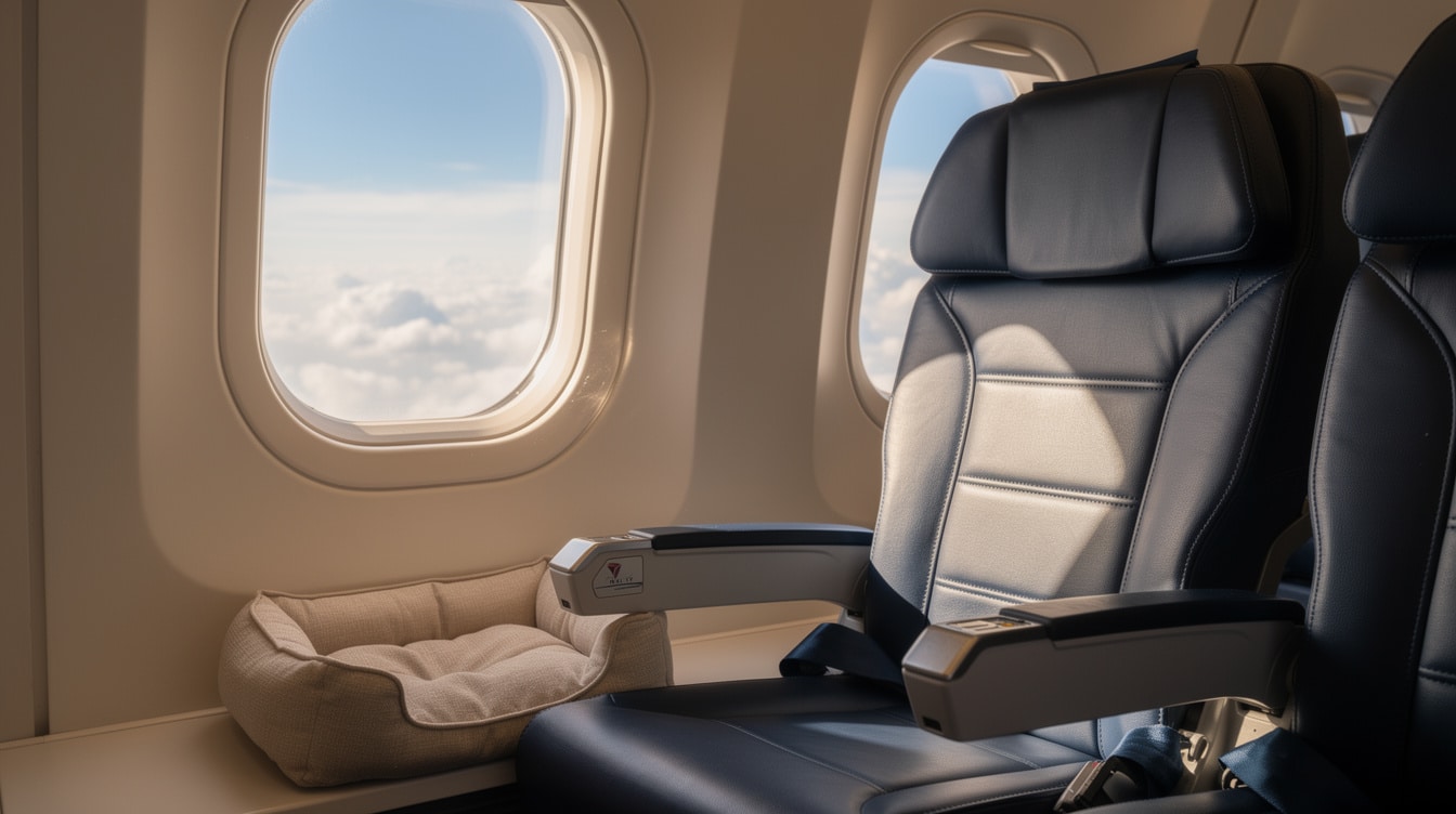 Airplane cabin window view with clouds and blue sky during comfortable Delta Airlines flight
