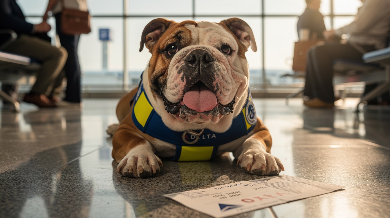 Happy English Bulldog with service dog vest lying at airport terminal with natural light