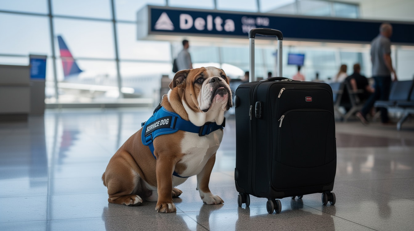 English Bulldog wearing service dog vest sitting calmly at Delta Airlines airport gate