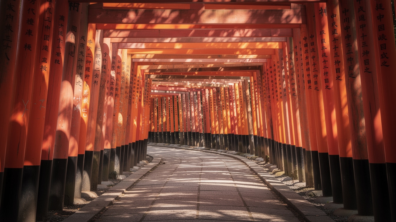 Thousands of vermillion red torii gates forming a tunnel at Fushimi Inari shrine in Kyoto Japan