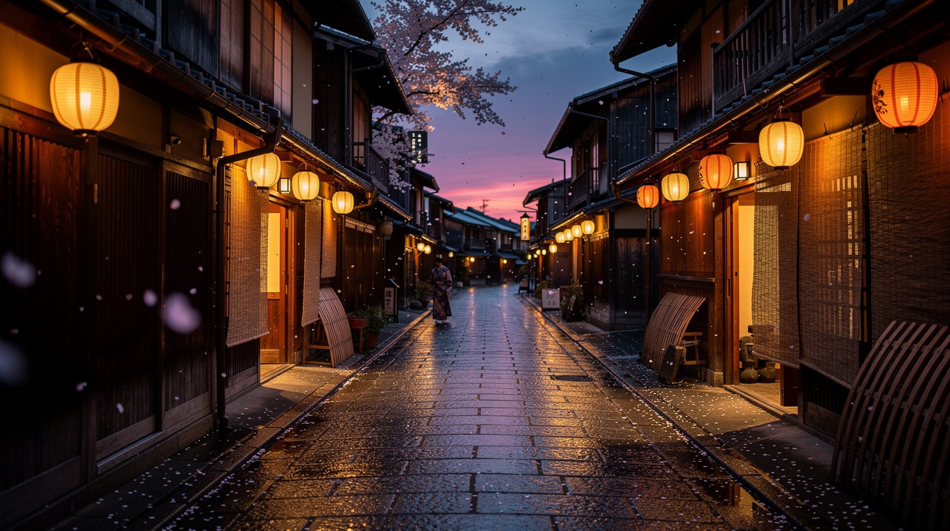 Traditional wooden machiya street in Gion district Kyoto at twilight with paper lanterns