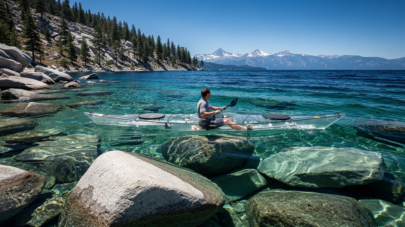 Person in glass bottom kayak on crystal clear turquoise Lake Tahoe water with granite boulders visible through the transparent hull