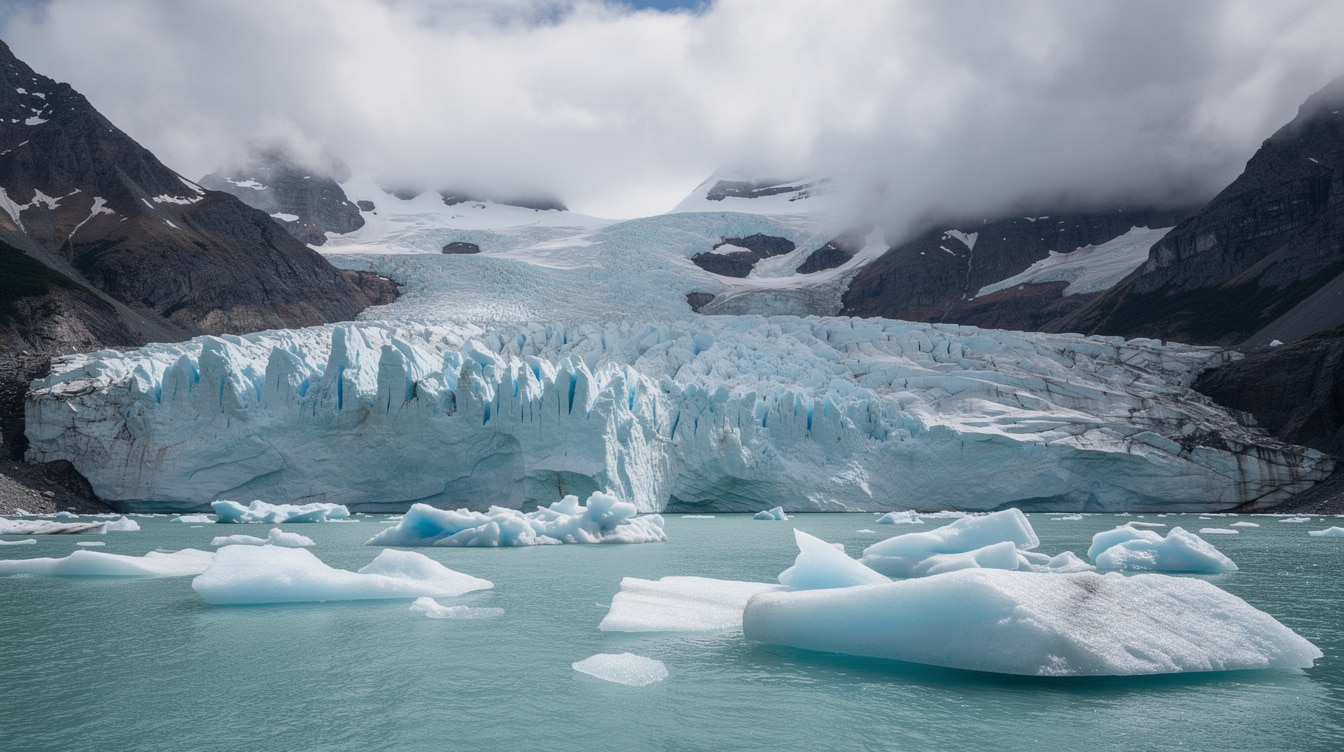 Grey Glacier ice wall meeting turquoise water with floating icebergs in Torres del Paine Patagonia