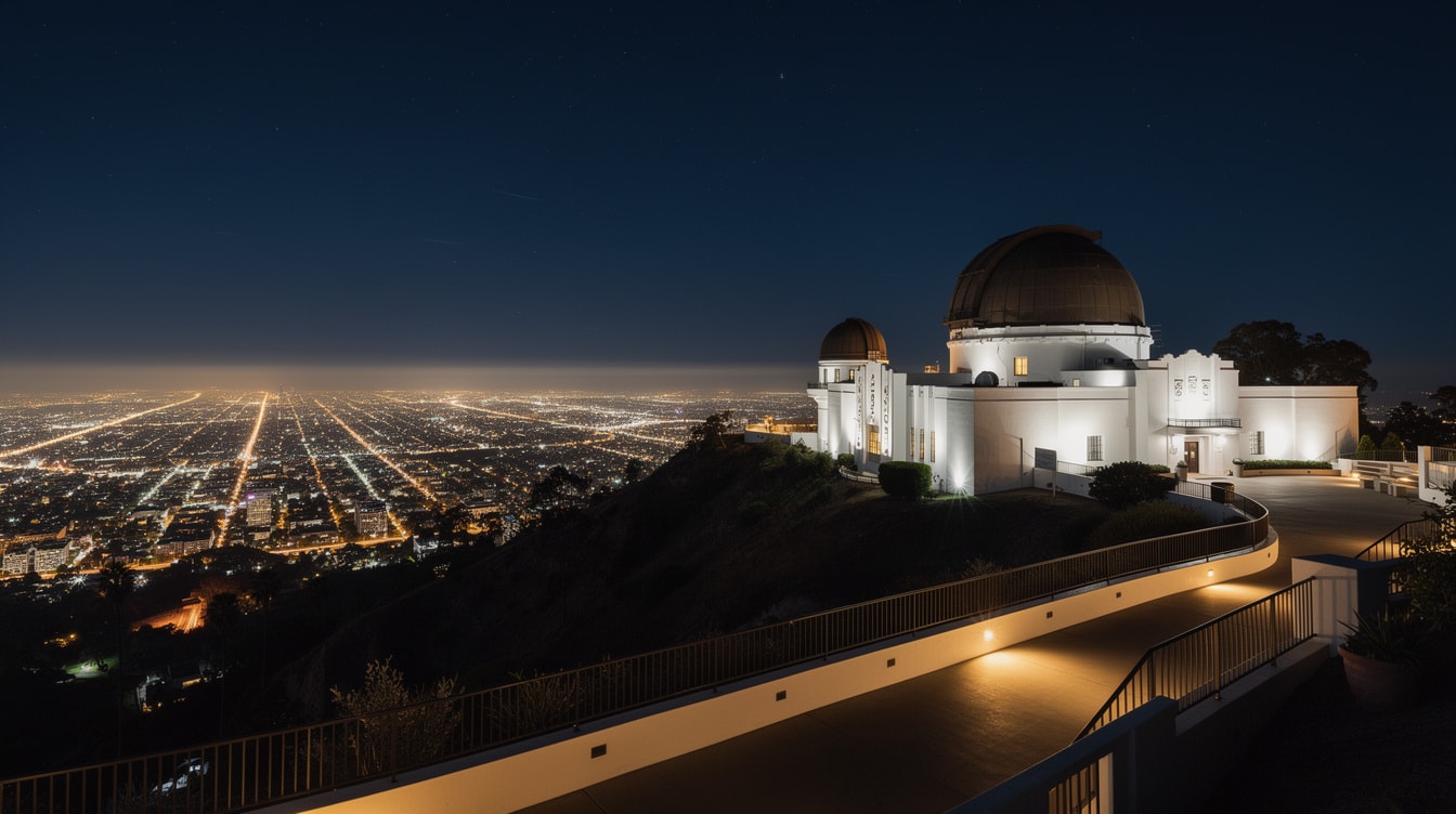 Griffith Observatory Art Deco building illuminated at night with LA city lights below