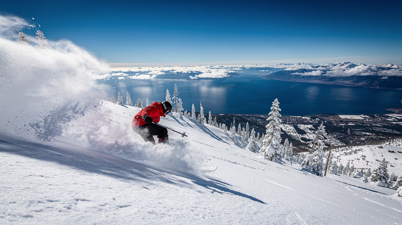 Skier carving through powder snow at Heavenly Mountain Resort with deep blue Lake Tahoe stretching to the horizon below