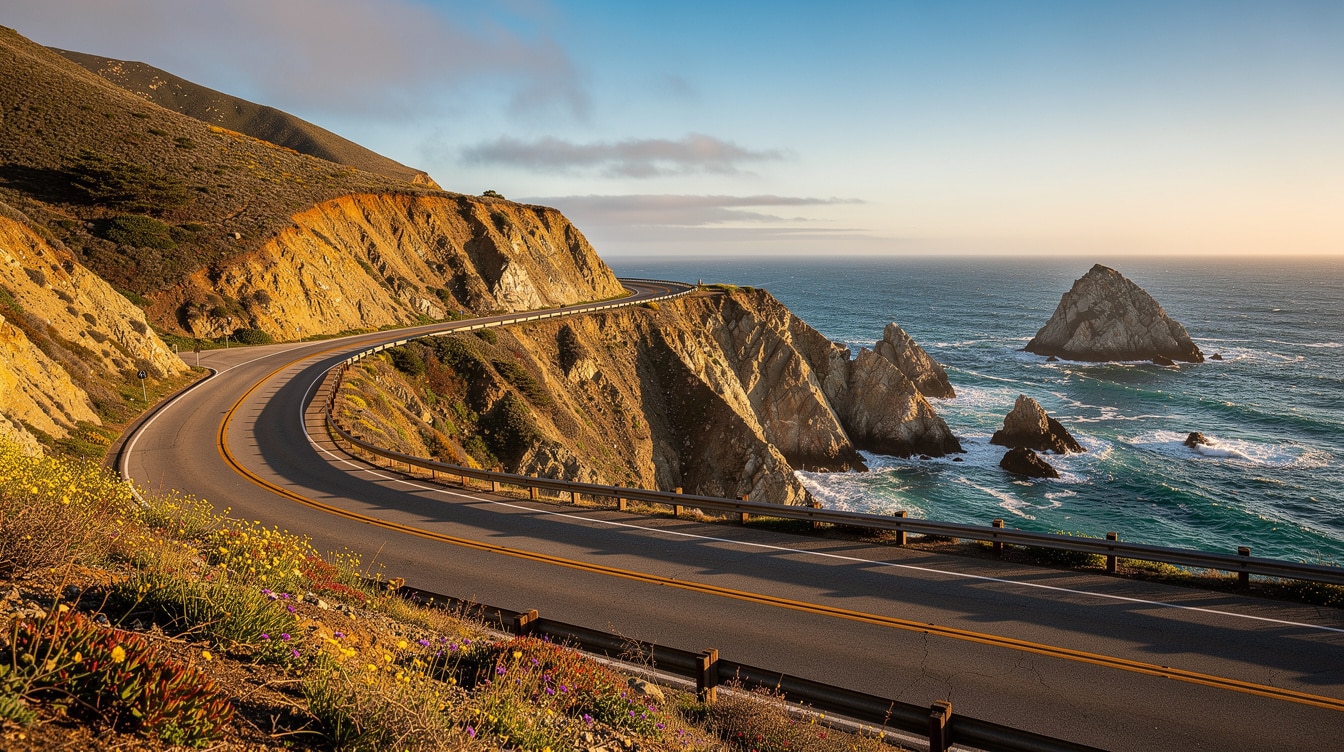 Winding Highway 1 along dramatic Big Sur coastline with steep cliffs and blue Pacific Ocean