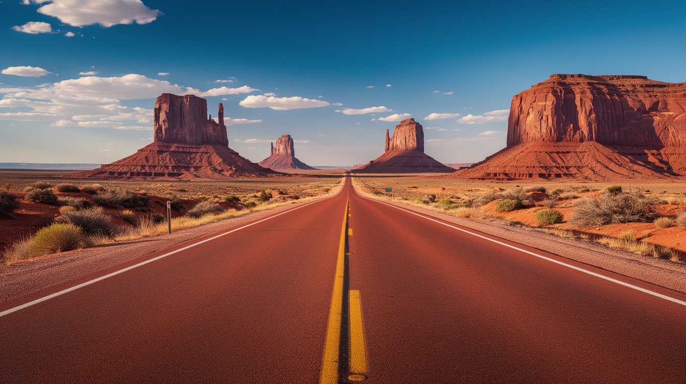 Straight desert road leading to Monument Valley buttes with iconic sandstone formations on horizon