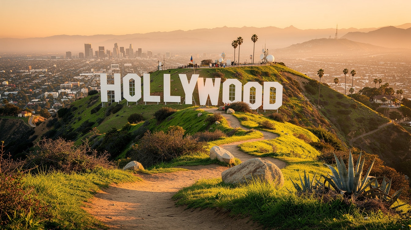 Hollywood Sign on green hillside at golden hour with LA cityscape in background