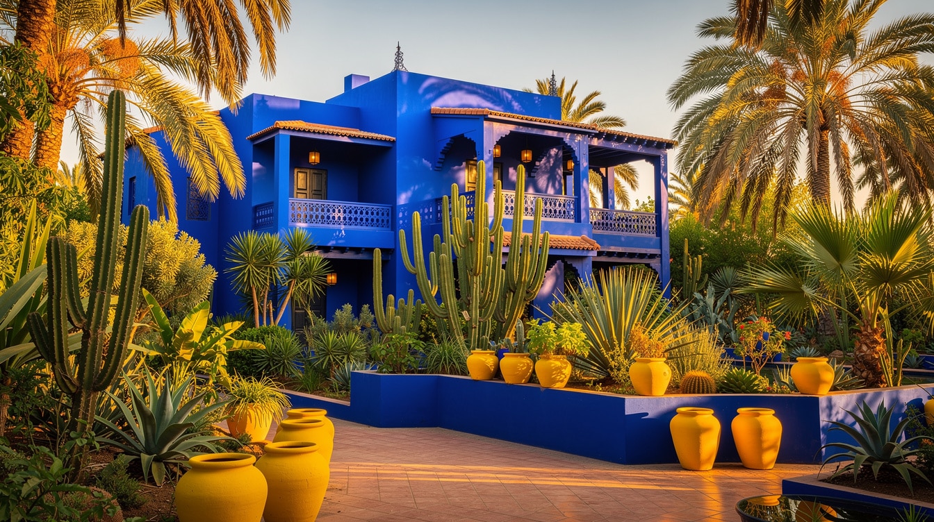 Jardin Majorelle garden in Marrakech with vivid cobalt blue building and tropical plants