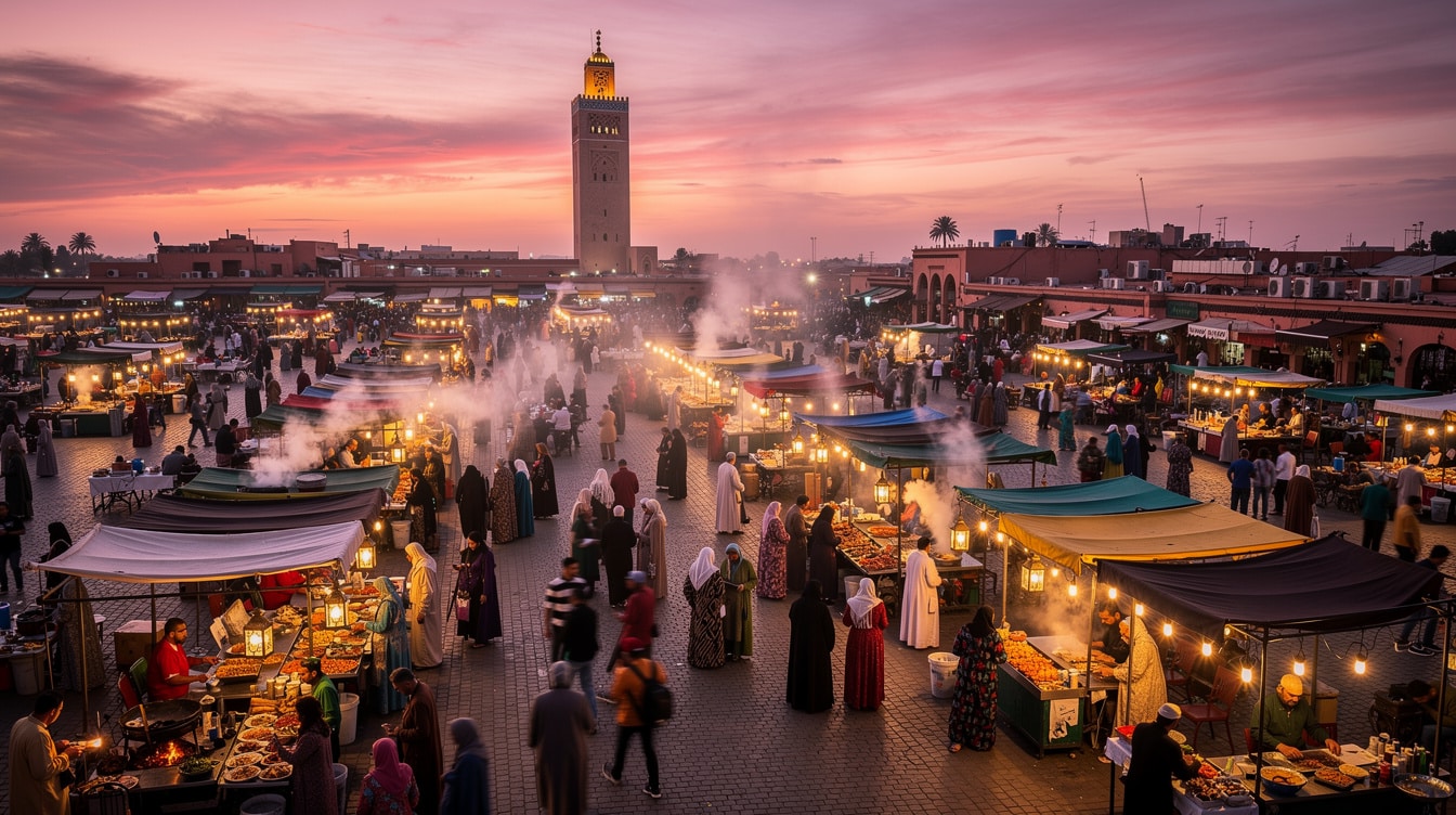 Jemaa el-Fna square in Marrakech at dusk with food stalls and Koutoubia Mosque silhouette
