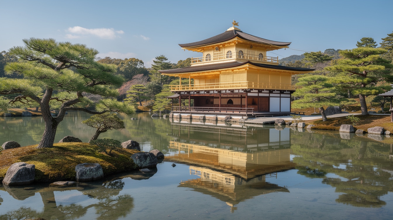 Kinkaku-ji Golden Pavilion temple reflected in mirror pond in Kyoto Japan