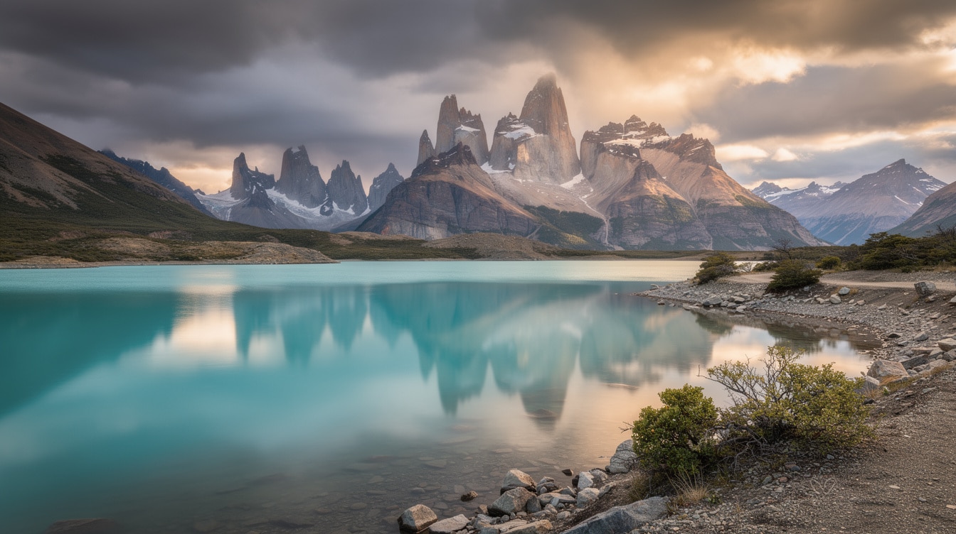 Lake Pehoe turquoise glacial water reflecting Cuernos del Paine peaks in Patagonia Chile