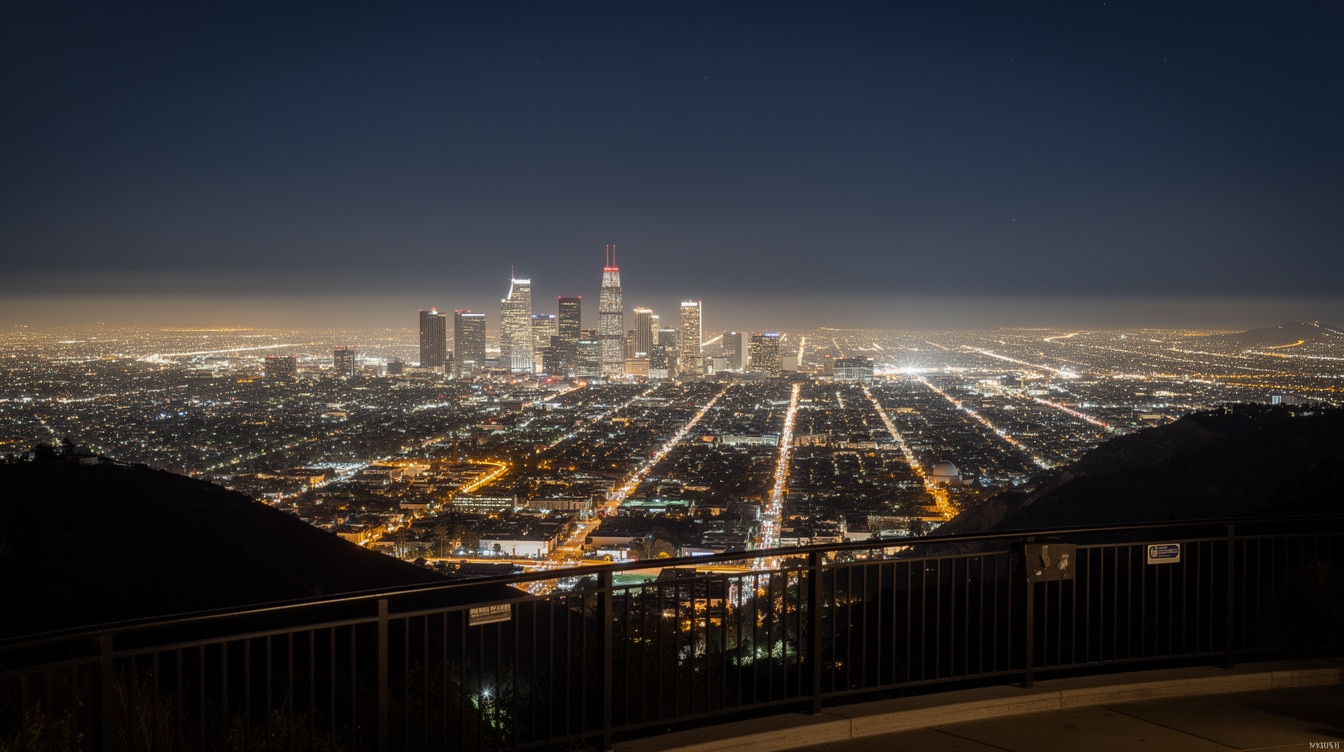 Panoramic night view of Los Angeles from Griffith Observatory with millions of city lights