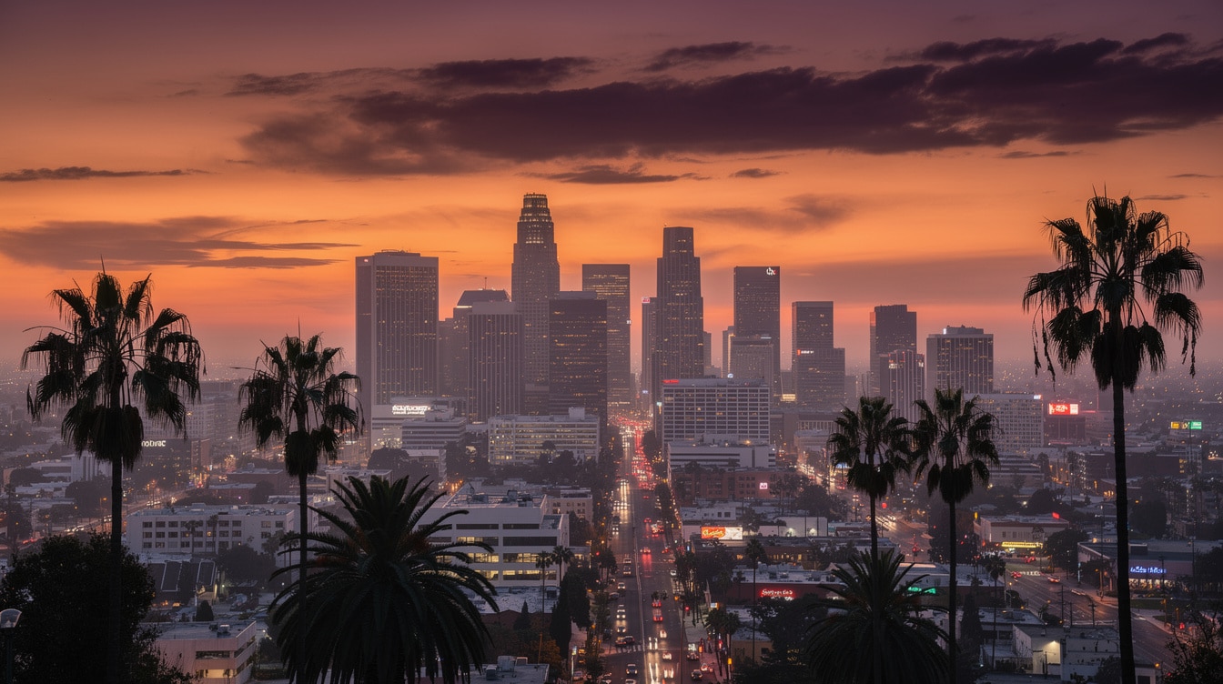 Los Angeles skyline at sunset with skyscrapers and palm trees against orange purple sky