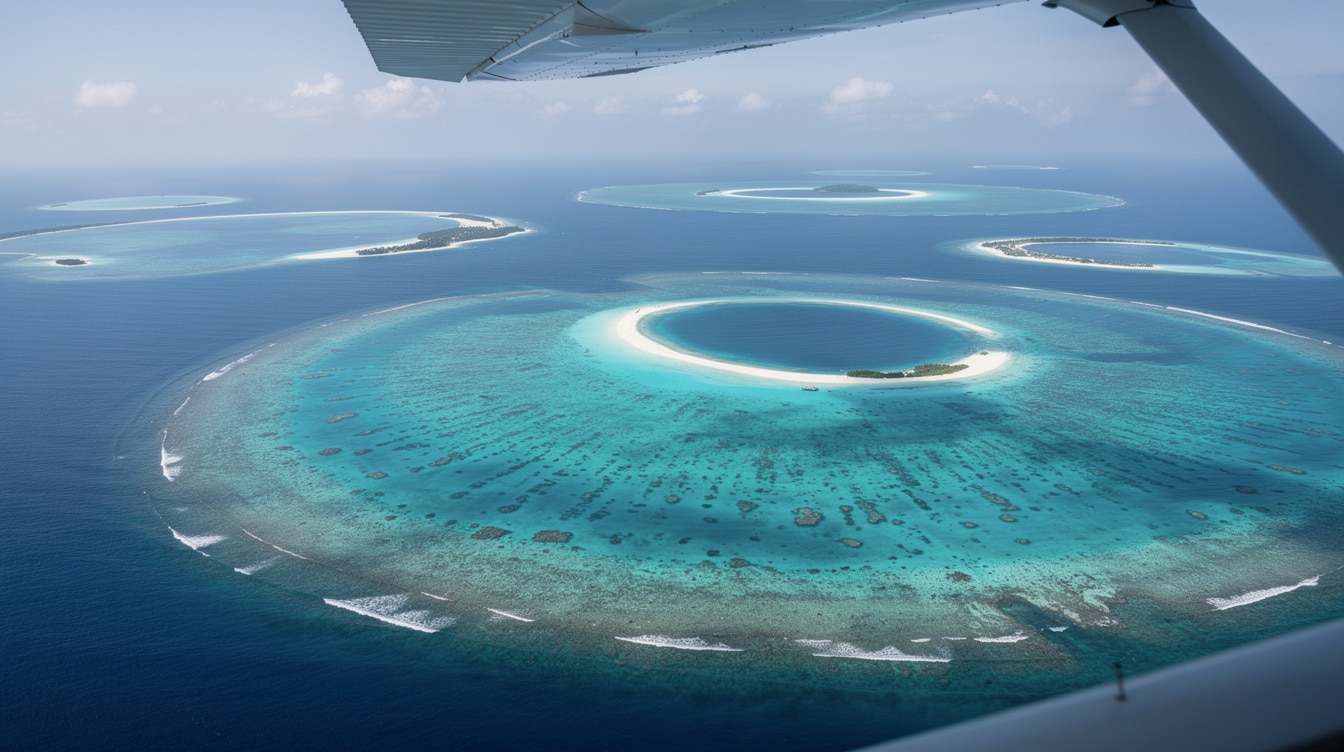 Aerial view from seaplane of Maldives atolls scattered across turquoise Indian Ocean