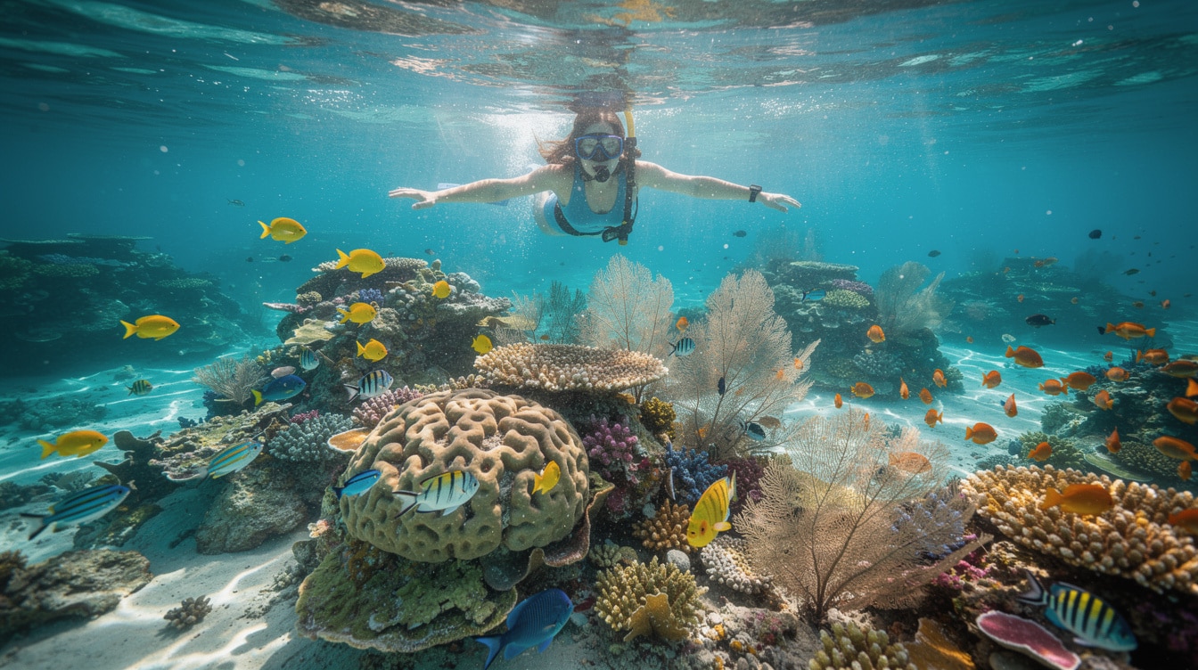Snorkeling above vibrant coral reef in crystal clear Maldives water with tropical fish
