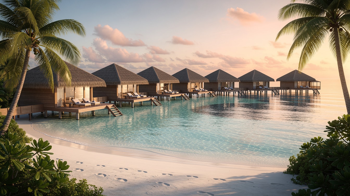 Luxury overwater bungalow resort in Maldives over crystal clear turquoise lagoon