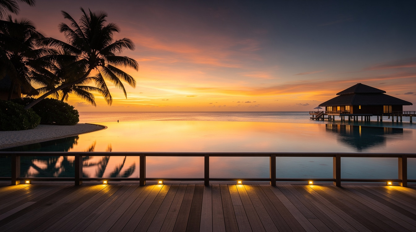 Maldives sunset from overwater deck with Indian Ocean in gold and blue