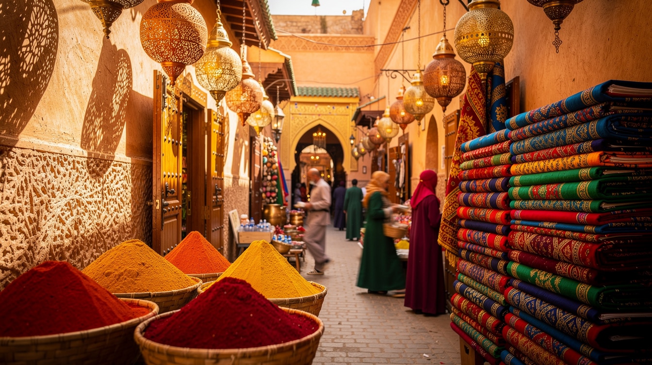Colorful souk alleyway in Marrakech Morocco medina with brass lanterns and vibrant spices