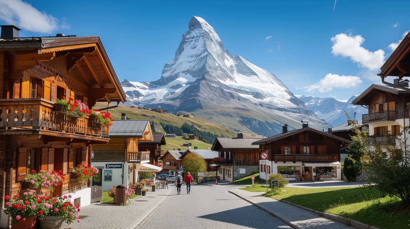 Matterhorn peak rising above charming Zermatt village with wooden chalets and flower boxes