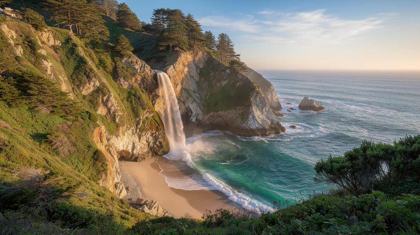 McWay Falls waterfall cascading onto turquoise sandy cove beach in Big Sur California