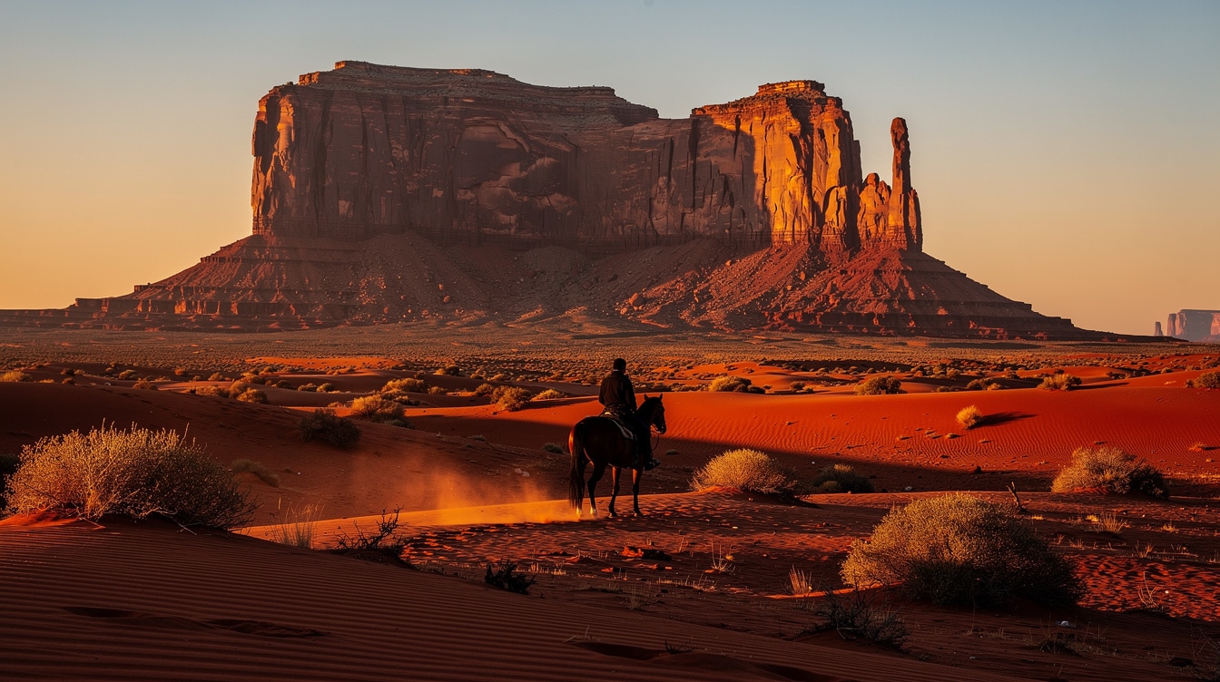 Horseback rider silhouetted against Monument Valley buttes at golden hour in vast desert landscape