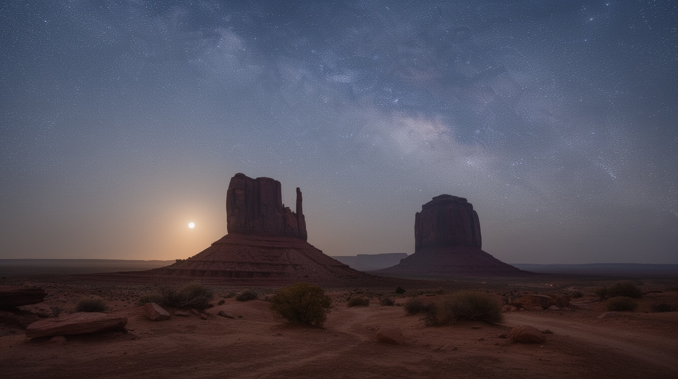 Monument Valley at night with Milky Way galaxy above iconic buttes and star-filled sky