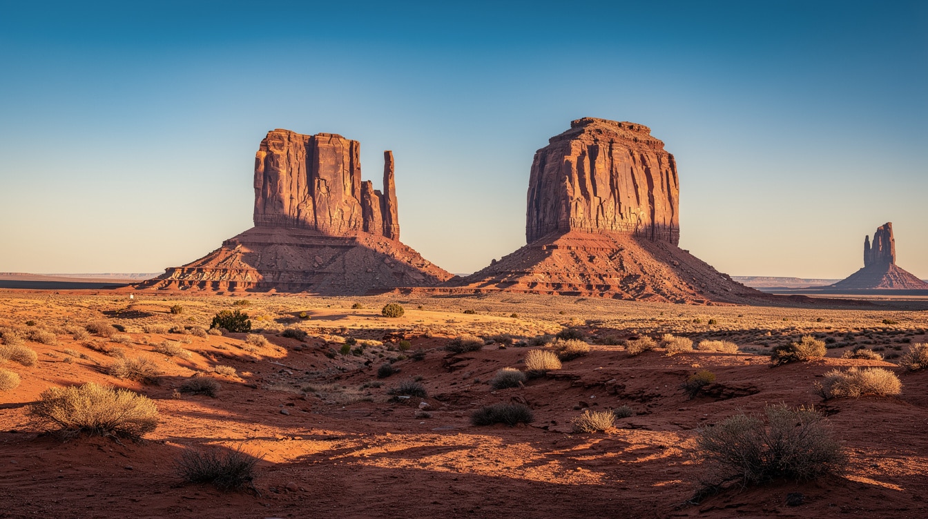 Iconic Mittens buttes in Monument Valley at sunrise with golden light and long shadows on desert floor