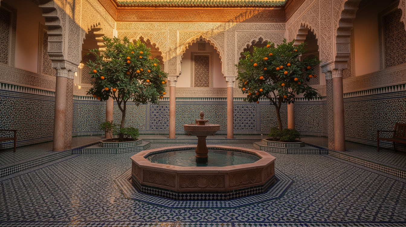 Traditional Moroccan riad courtyard with intricate zellige tilework fountain and orange trees