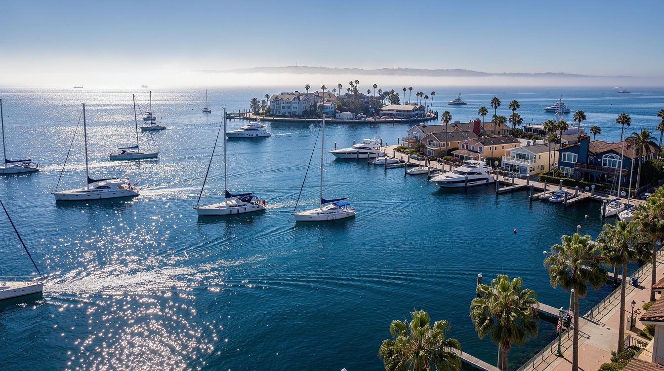 Newport Beach harbor with sailboats and yachts on calm blue water and palm trees
