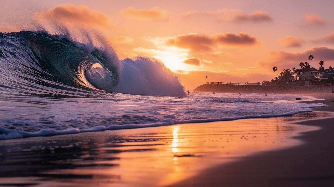 Stunning sunset at Newport Beach with breaking waves and vibrant orange pink sky