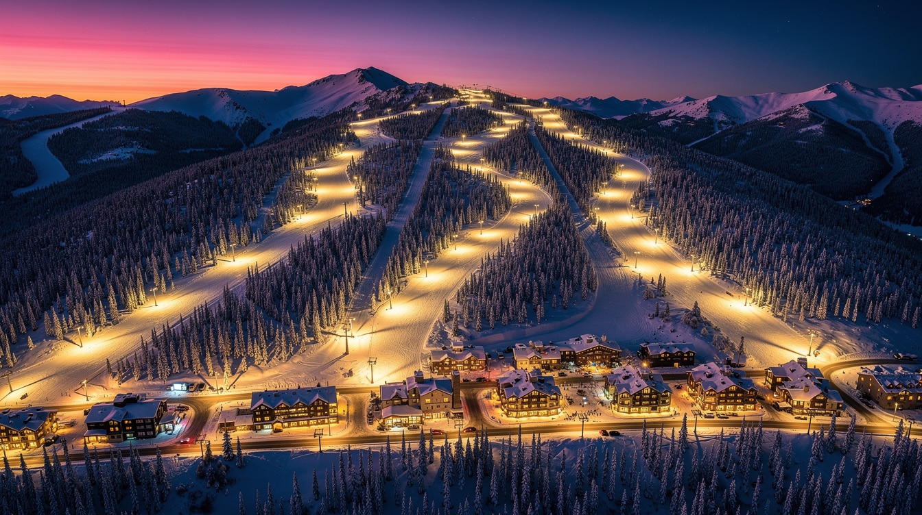Ski resort at night near Lake Tahoe with illuminated ski runs winding down snow-covered mountain and pink twilight sky