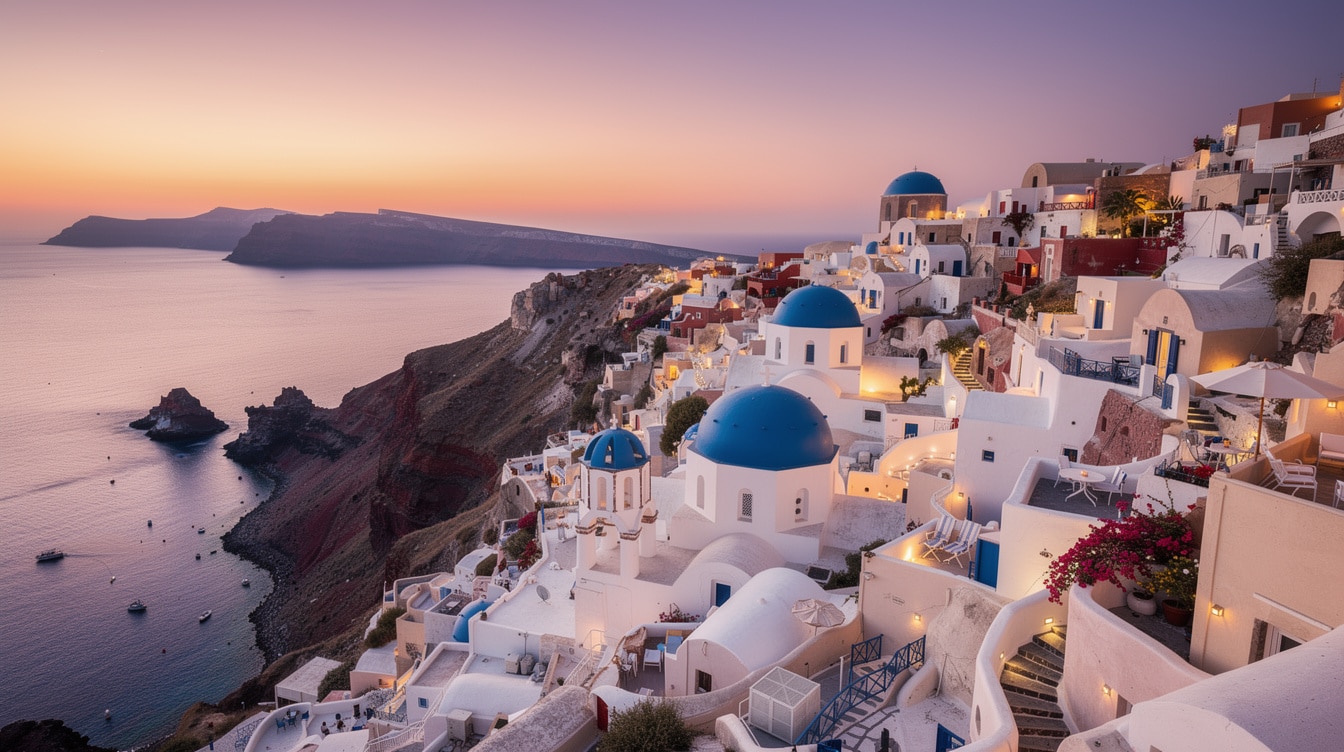 Oia village in Santorini Greece at sunset with white buildings and blue domed churches overlooking the caldera