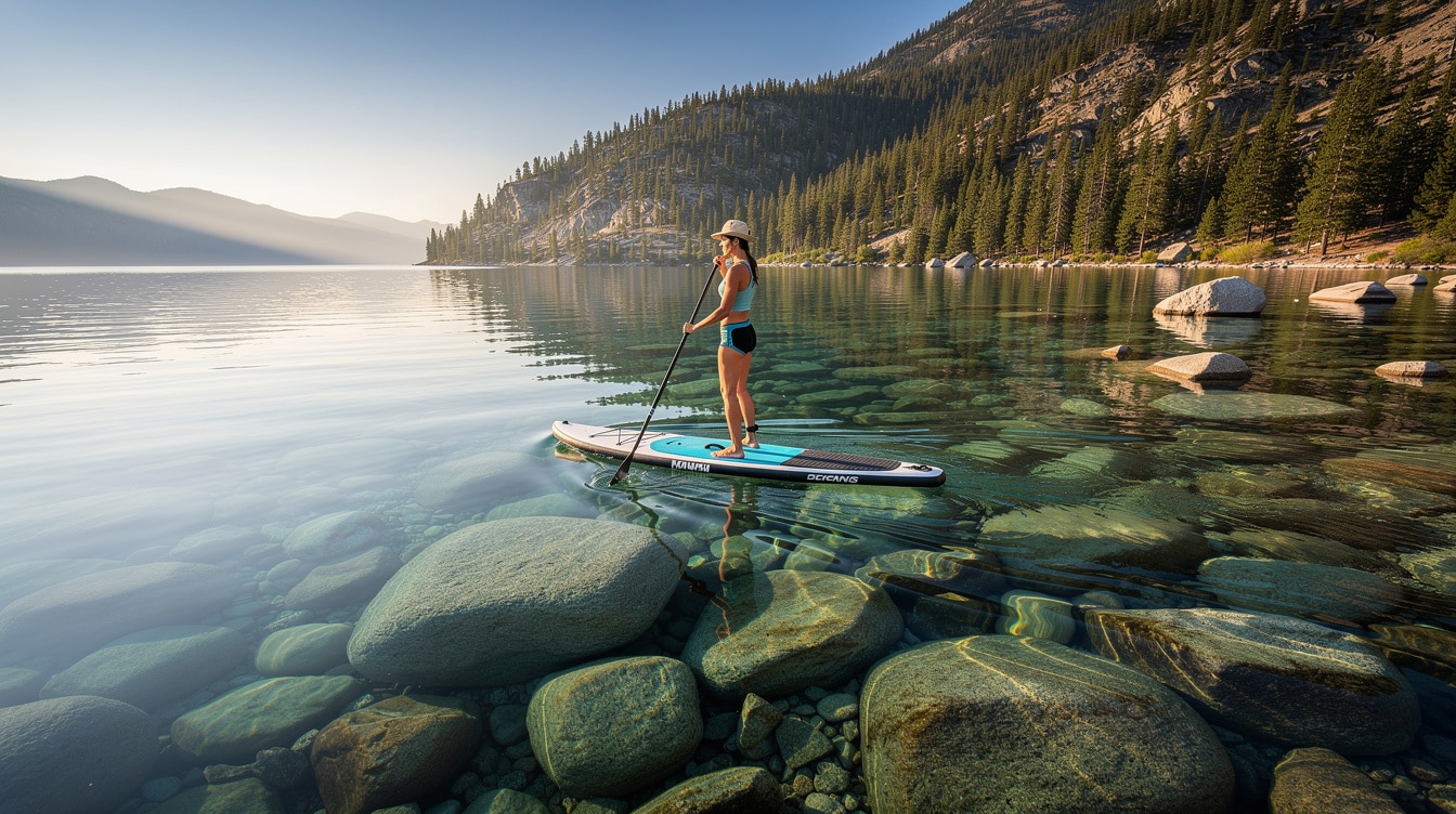 Woman on stand-up paddleboard on crystal clear Lake Tahoe water with smooth boulders visible on the lake bottom