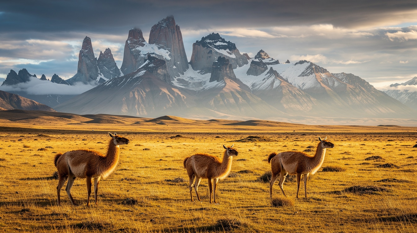 Vast Patagonian steppe with wild guanacos grazing and Torres del Paine peaks in background
