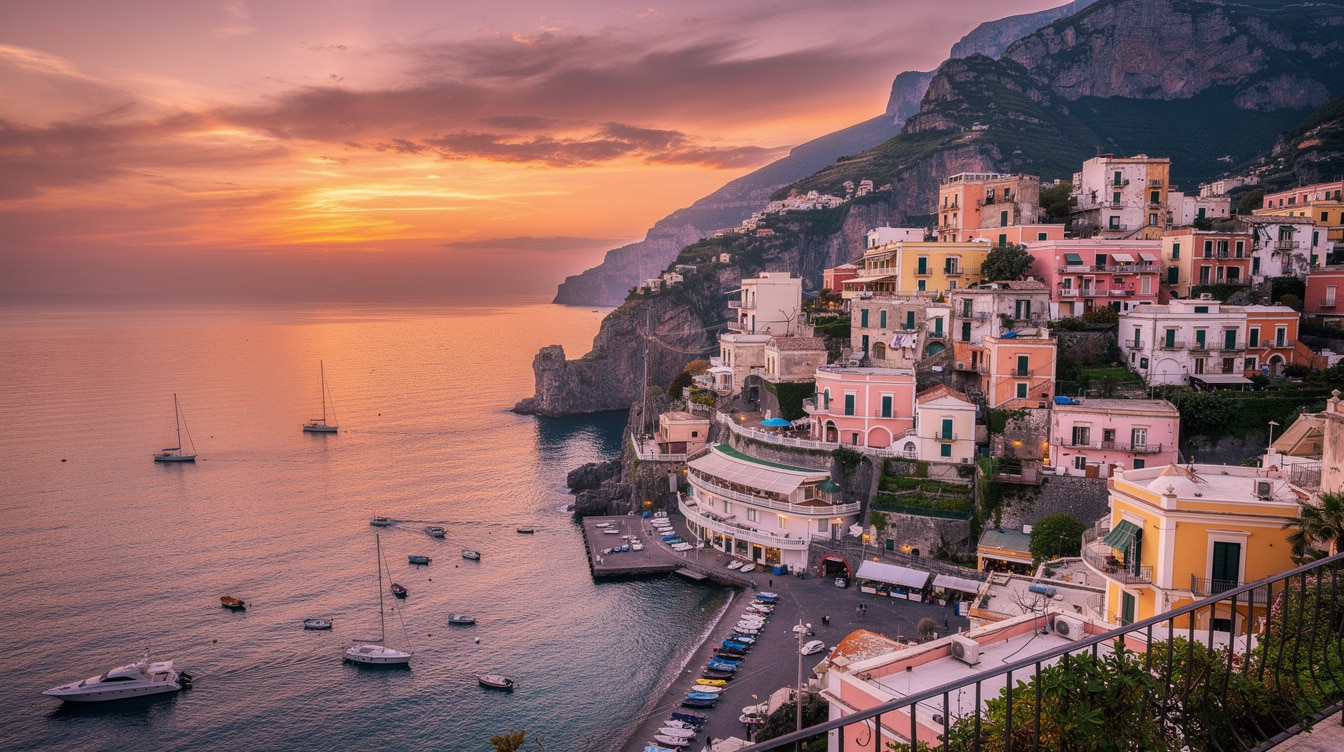 Stunning sunset over the Amalfi Coast from Positano with colorful buildings glowing in golden light
