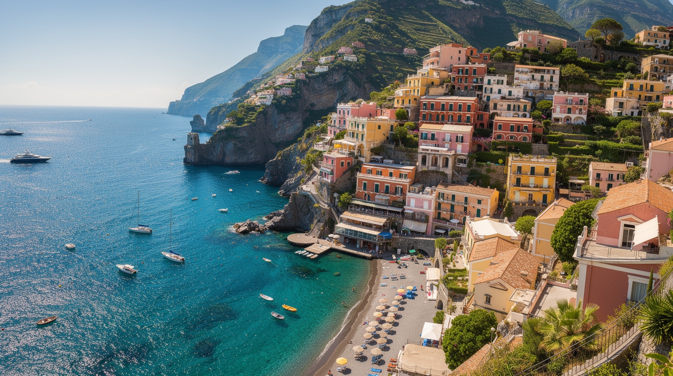 Colorful pastel buildings of Positano cascading down hillside to turquoise Mediterranean Sea on the Amalfi Coast Italy