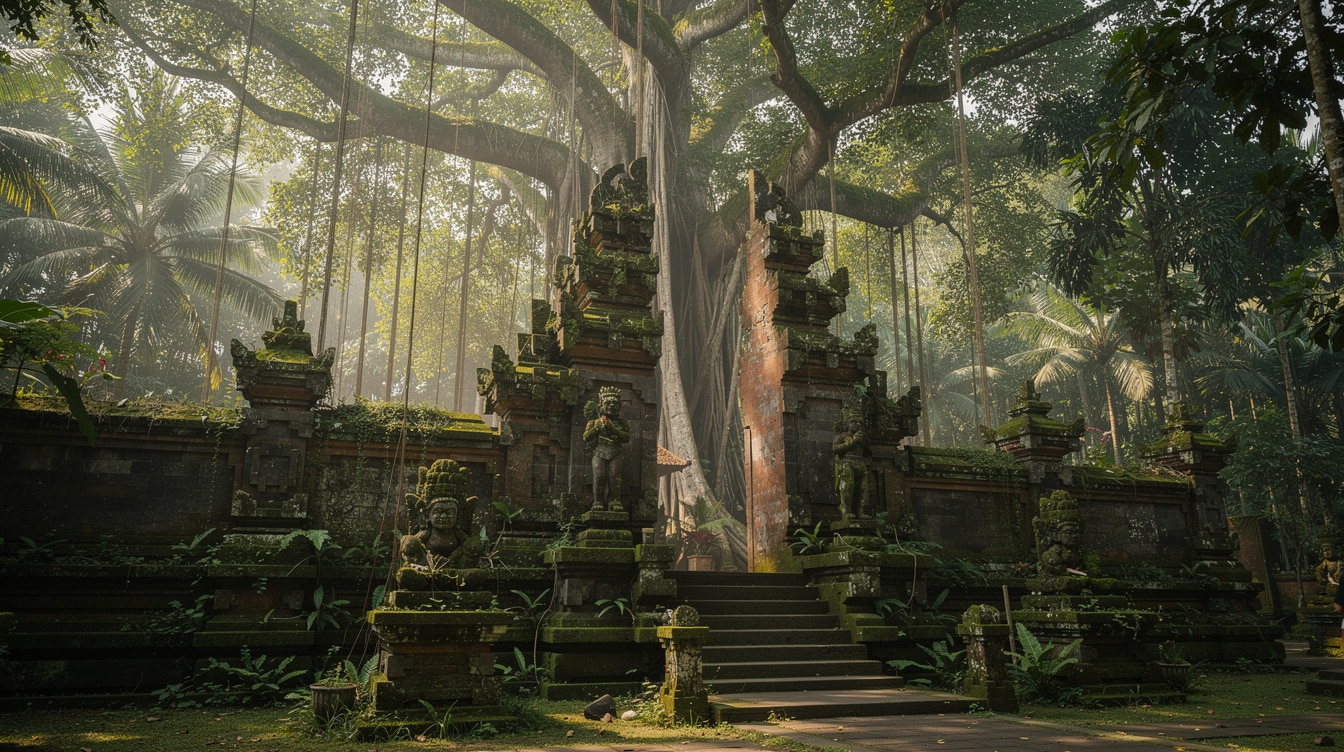 Ancient moss-covered temple ruins in Sacred Monkey Forest Ubud Bali surrounded by banyan trees