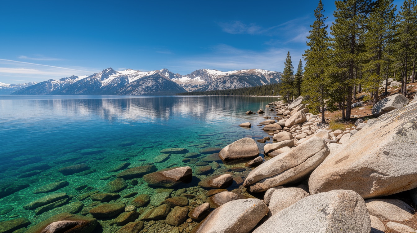 Panoramic view of Sand Harbor cove at Lake Tahoe with turquoise water pine trees and Sierra Nevada mountains