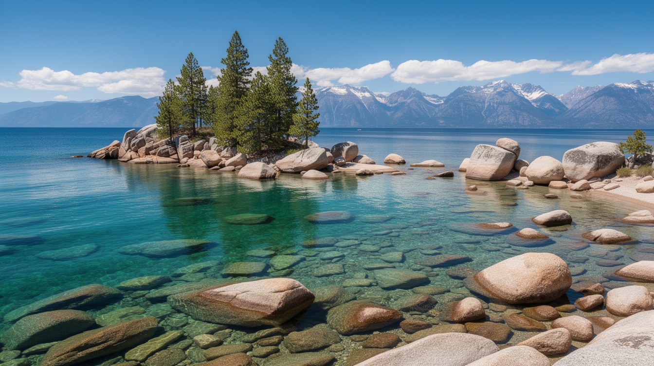 Crystal clear turquoise water at Sand Harbor Lake Tahoe with smooth granite boulders visible beneath the surface and snow-capped mountains
