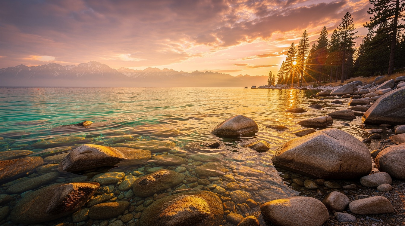 Golden hour sunset at Sand Harbor Lake Tahoe with crystal clear water granite boulders and pink sky over Sierra Nevada mountains